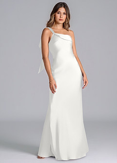 Azazie Driea Robes de demoiselle d'honneur Robe Sirène en Satin extensible Asymétrique Blanc image7