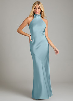 Azazie Velli Vestidos de damas de honor Vestido de Azul Malhumorado de Satén Elástico de Corte Sirena con Cuello Alto image3