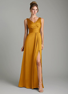 Azazie Karina Robes de demoiselle d'honneur Robe Trapèze en Satin extensible Plissée Caramel écossais image6