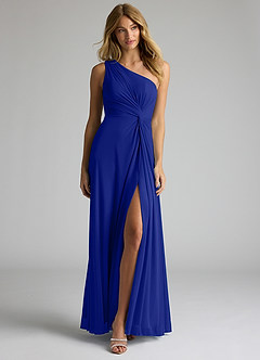 Azazie Brooke Bridesmaid Dresses Royal Blue A-Line One Shoulder Mesh Dress image4