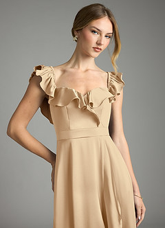 Azazie Lyra Bridesmaid Dresses Champagne A-Line Off the Shoulder Stretch Satin Convertible Dress image2