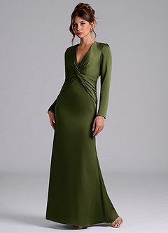 Azazie Valerie Bridesmaid Dresses Olive Mermaid Long Sleeve Stretch Satin Dress image3