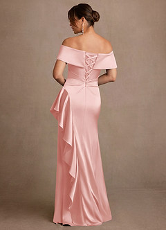 Azazie Kirsty Mother of the Bride Dresses Powder Pink Sheath Off the Shoulder Stretch Satin Dress image2