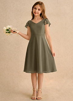 Azazie Narin Girls Formal Robe Demoiselle D'honneur Fillette Robe Trapèze en Mousseline de soie avec manches Vert Saule image1