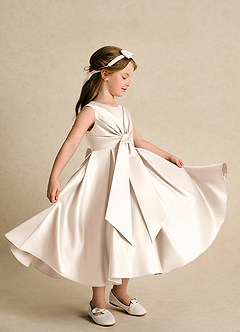 Azazie Lady Flower Girl Dresses White Alabaster A-Line Pleated Matte Satin Dress image4