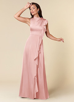Azazie Narine Mother of the Bride Dresses Powder Pink A-Line High Neckline Pleated Stretch Satin Dress image1
