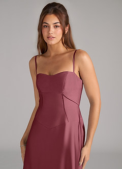 Azazie Valentine Vestidos de damas de honor Vestido de Rosa Del Desierto de Satén Elástico de Corte en A con Corsé image6