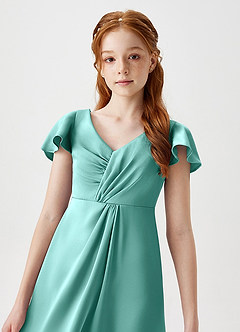 Azazie Soren Junior Aqua A-Line Ruched Stretch Satin Dress image3