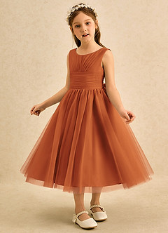 Azazie Macaron Abiti da Ragazza di Fiori Abito A-Line in Tulle Plissettato Cannella image4