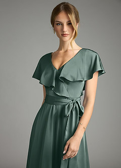 Azazie Lainey Bridesmaid Dresses Sea Moss A-Line with Pockets Stretch Satin Dress image6