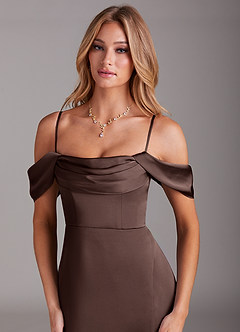 Azazie Saige Bridesmaid Dresses Ganache Sheath Off the Shoulder Stretch Satin Dress image2