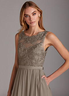 Azazie Elly Bridesmaid Dresses Taupe A-Line Lace Scoop Neck Chiffon Dress image6