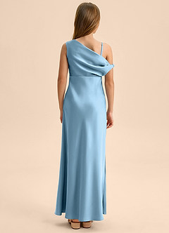 Azazie Emerson Junior Steel Blue Sheath Off the Shoulder Stretch Satin Dress image2