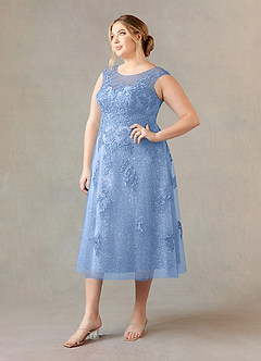 Azazie Flynn Mother of the Bride Dresses Steel Blue A-Line Boatneck Lace Tulle Dress image8