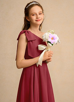 Azazie Guppy Girls Formal Flower Girl Dresses Pomegranate A-Line One Shoulder Chiffon Dress image4
