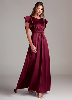 Azazie Daphne Vestidos modestos de dama de honra Vestido Linha A Franzido Comprimento do chão Cetim elástico image3