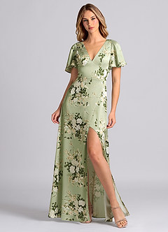 Azazie Lani Bridesmaid Dresses Floral Vines A-Line Flounce Sleeve Stretch Satin Dress image3