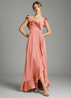 Azazie Lyra Bridesmaid Dresses Coral A-Line Off the Shoulder Stretch Satin Convertible Dress image3