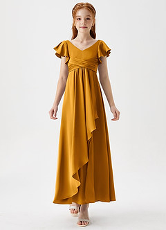 Azazie Omari Junior Butterscotch A-Line Pleated Stretch Satin Dress image5