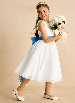 Azazie Dani Abiti da Ragazza di Fiori Abito A-Line in Chiffon Fiocco Avorio Ghiandaia Azzurra image3