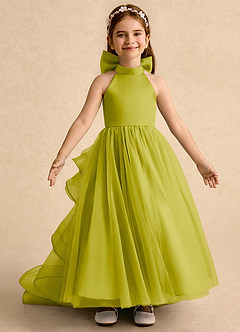 Azazie Emie vestidos de niña de las flores Vestido Hierba De Limón de Tul de Línea A con Plisado image5