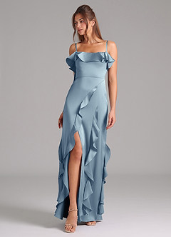 Azazie Malia Bridesmaid Dresses Dusty Blue A-Line Side Slit Stretch Satin Dress image1