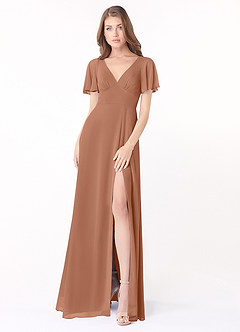 Azazie Kimber Robes de demoiselle d'honneur Robe Trapèze en Mousseline de soie Manches à volants Bronze image1