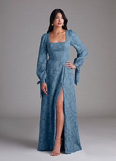 Azazie Leonia Bridesmaid Dresses Steel Blue A-Line Long Sleeve Floral Burnout Dress image1