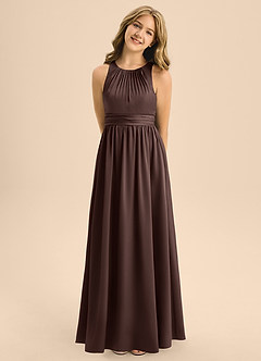 Azazie Jaylah Junior Ganache A-Line Pleated Stretch Satin Dress image5