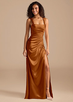 Azazie Jesaphine Bridesmaid Dresses Copper Sheath Bow Metallic Satin Dress image1