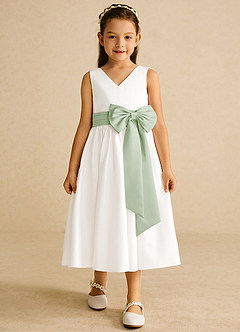 Azazie Darling Flower Girl Dresses Ivory Dusty Sage A-Line Bow Cotton Dress image4