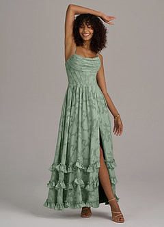 Azazie Lettie Robes de demoiselle d'honneur Robe Trapèze en Blumen-Burnout Corset Matcha image5
