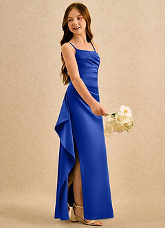 Azazie Cannoli Girls Formal Robe Demoiselle D'honneur Fillette Robe Trapèze en Mat Satiné Plissée Bleu Roi image4