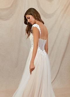 Azazie Katia At-home Try On Dresses Diamond White Champagne A-Line Lace Tulle Dress image6