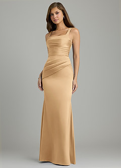 Azazie Vada Vestidos de damas de honor Vestido Oro de Satén Elástico de Corte Sirena con Corsé image3