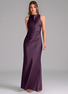 Azazie Evadne Bridesmaid Dresses Plum Sheath Pleated Stretch Satin Dress image3