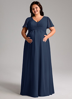 Azazie Verna Zwangerschaps Bruidsmeisjekleding A-Lijn V-hals Gerimpeld Chiffon Vloerlengte Jurk image11