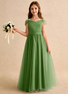 Azazie Yuna Girls Formal Flower Girl Dresses Basil A-Line Off the Shoulder Tulle Dress image3
