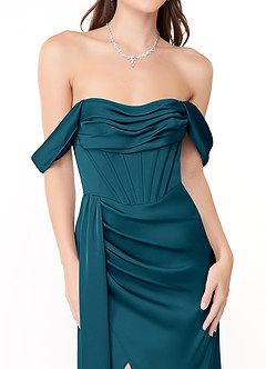 Azazie Amyra Robes de demoiselle d'honneur Robe Fourreau Convertible en Satin extensible Épaule décolletée Bleu Encre image9