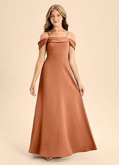 Azazie Anselie Junior Copper A-Line Off the Shoulder Stretch Satin Dress image7