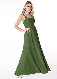 Azazie Jay Bridesmaid Dresses Olive A-Line Square Neckline Side Slit Chiffon Dress image3