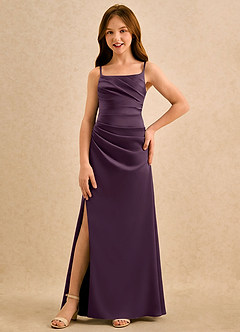 Azazie Cannoli Girls Formal vestidos de niña de las flores Vestido de Ciruela de Satén Elástico de Corte en A con Plisado image3