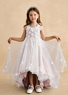 Azazie Celia vestidos de niña de las flores Vestido Rosa Rubor de Tul de Corte en A con Encaje image4