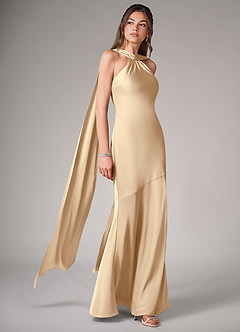 Azazie Kinsley Bridesmaid Dresses Champagne Mermaid Side Slit Stretch Satin Dress image3