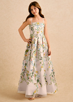 Azazie Lark Girls Formal Flower Girl Dresses Blushing Pink A-Line Pleated Lace Dress image5