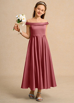 Azazie Teeny Junior Formal vestidos de niña de las flores Vestido de Rosa Antigua de Satin Mate de Corte en A con Plisado image5