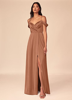 Azazie Ocean Bridesmaid Dresses Bronzer A-Line V-Neck Pleated Stretch Satin Dress image1