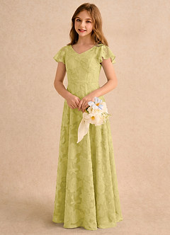 Azazie Narin Girls Formal Flower Girl Dresses Canary A-Line with Sleeves Floral Burnout Dress image4