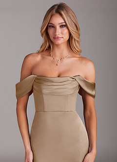 Azazie Saige Bridesmaid Dresses Taupe Mermaid Off the Shoulder Stretch Satin Dress image5