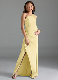 Azazie Eren Junior Lemon Sorbet Sheath Pleated Stretch Satin Dress image3